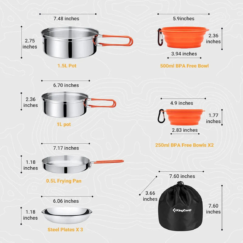 KingCamp KA2008 Adventure Stainless Steel Camping Cookware Mess Kit 25Pcs