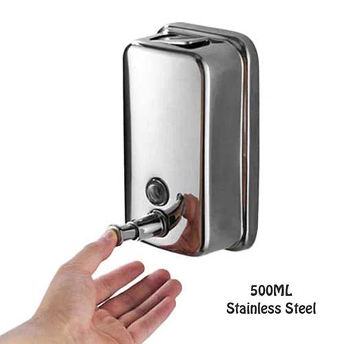 Stainless steel soap dispenser with a hand pressing the pump, labeled '500ML'.
