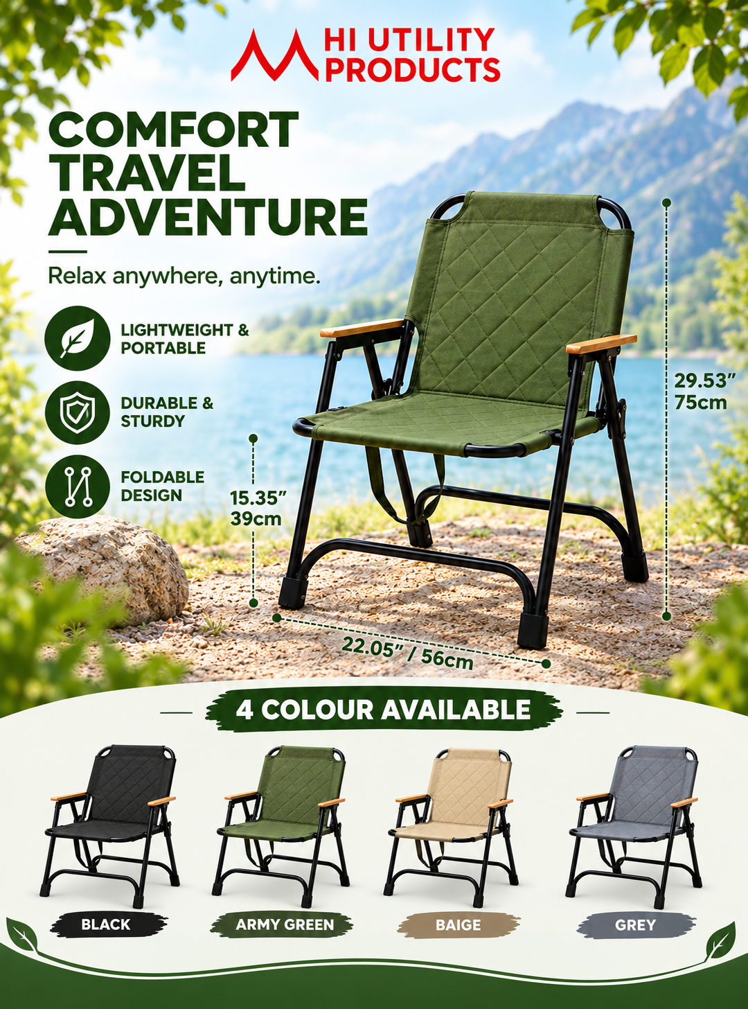 Folding Camping Chair with Armrests – Comfortable & Portable Outdoor Chair