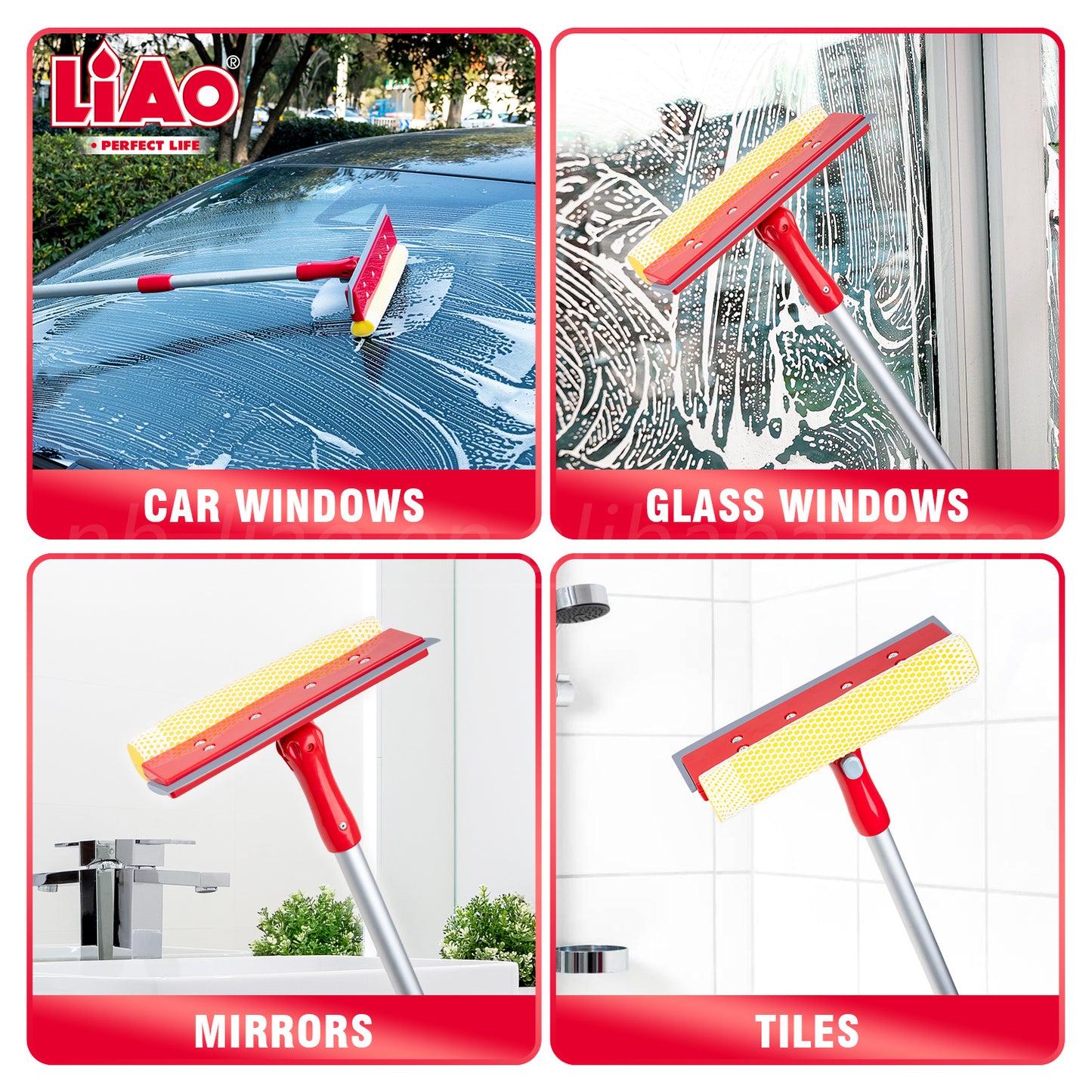 Telescopic 2.6ft Aluminium Pole Sponge + Squeegee Window Cleaner Wiper - LiAo
