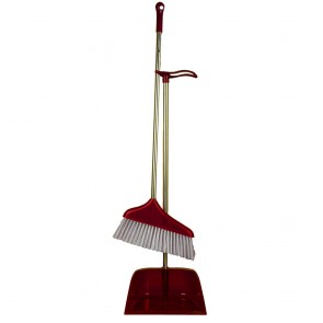 Wide Head Broom & Dust Pan Set With Steel Pipes-Red